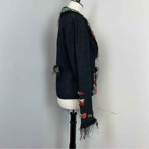 42. Mary Frances Beaded Ribbon Fringe Black Denim Jacket - Picture 7 of 15